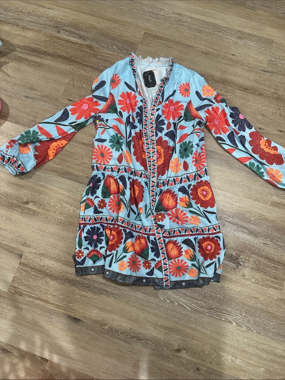 Embroidered Floral Tunic Dress - Blue with Red & Orange Blooms button up